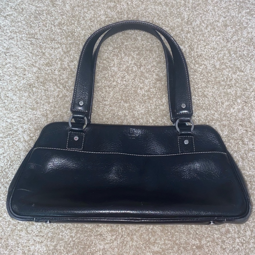 VTG Kate Spade Black Leather Wide Shoulder Silver Hardware Striped Interior Bag